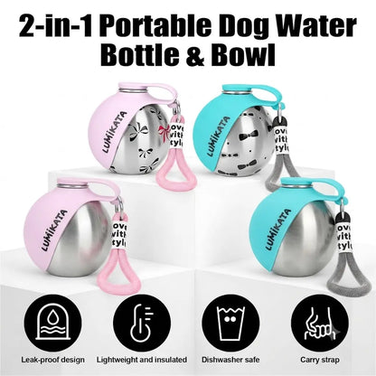2-in-1 Stainless Steel Dog Water Bottle with Foldable Bowl