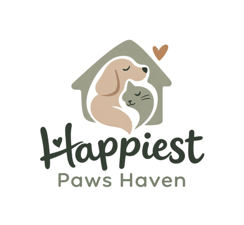 A logo-style graphic for 'Happiest Paws Haven' featuring a beige dog and a gray cat nestled inside a muted green house outline, with a small brown heart above and a small heart within the wordmark below, on a light gray background.